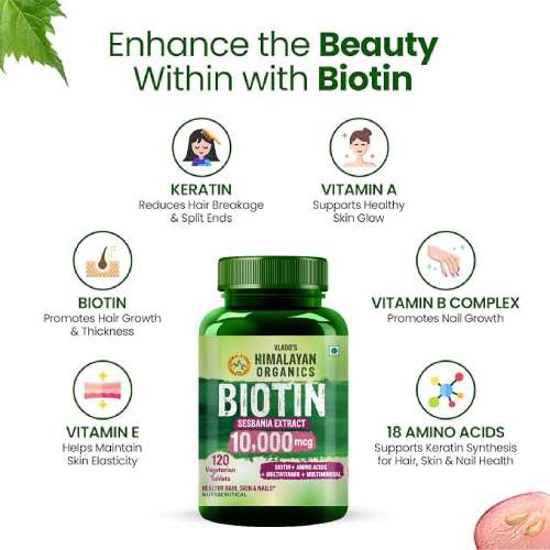 Vlado's Himalayan Organics: Biotin 10,000 mcg Supplement with Keratin, Amino Acids & Multivitamin - 120 Veg Tablets