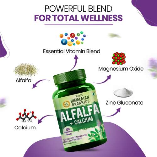 Vlado's Himalayan Organics: Alfalfa, Calcium Citrate Malate 1200mg with Vitamin D, K2 (MK7), B12, Zinc & Magnesium - 120 Veg Tablets