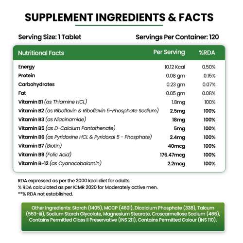 Vlado's Himalayan Organics: Vitamin B Complex with 100% RDA B1, B2, B3, B5, B6, B7, B9 & B12 | Hair Growth, Energy & Immunity | Youthful Skin - 120 Veg Tablets