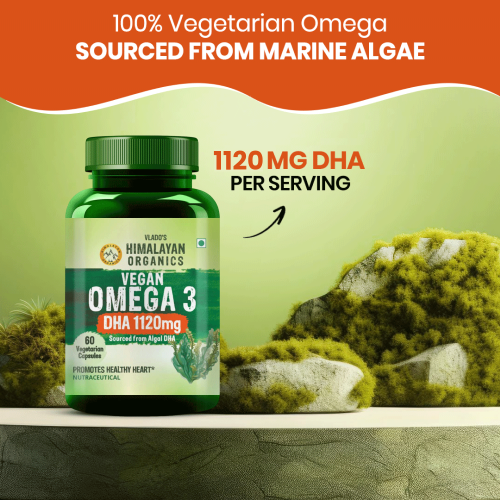 Vlado's Himalayan Organics: Vlado's Himalayan Organics Vegan Omega 3 - 1120 MG Supplement | 3X Strength | Veg DHA | Vegetarian Omega 3 | Algal DHA | Plant Based | No Fish oil Used I Healthy Heart, Joints & Eyes I Omega Capsules for Men & Women- 60 Veg Capsules