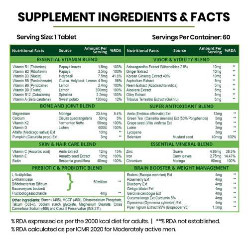 Vlado's Himalayan Organics: Vlados Himalayan Organics Multivitamin With Probiotics - 60 Ingredients Supplement For Men And Women | Vitamin C, D, E, B3, B5, B12, Zinc, Magnesium, Giloy & Biotin | Good For Bone & Joint Support | Gut health - 60 Veg Tablets