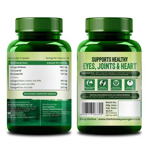 Vlado's Himalayan Organics: Omega 3 6 9 Vegan Natural Nutrition Supplement for Muscle, Bone , Heart & Skin - 60 Capsules