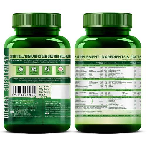 Vlado's Himalayan Organics: Vlados Himalayan Organics Multivitamin With Probiotics - 60 Ingredients Supplement For Men And Women | Vitamin C, D, E, B3, B5, B12, Zinc, Magnesium, Giloy & Biotin | Good For Bone & Joint Support | Gut health - 60 Veg Tablets