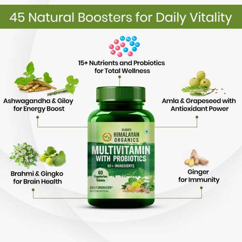 Vlado's Himalayan Organics: Vlados Himalayan Organics Multivitamin With Probiotics - 60 Ingredients Supplement For Men And Women | Vitamin C, D, E, B3, B5, B12, Zinc, Magnesium, Giloy & Biotin | Good For Bone & Joint Support | Gut health - 60 Veg Tablets