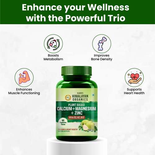 Vlado's Himalayan Organics: Plant Based Calcium Magnesium + Zinc | Vitamin D3+k2 Supplement For Stronger Bones | Boost Immunity | Healthy Heart | Muscle Growth - 60 veg Tablet