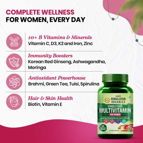 Vlado's Himalayan Organics: Whole Food Multivitamin for Women || With Natural Vitamins, Minerals, Extracts || Best for Energy, Brain, Bone Health || 60 Veg Capsules