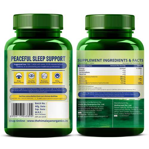 Vlado's Himalayan Organics: Melatonin 10Mg + Tagar 250Mg Supplement With Vitamin B6 And Calcium | Non-Habit Forming, Restful Sleep, Improved Focus, Relaxed Mind | Good For Eye Health - 60 Veg Tablets