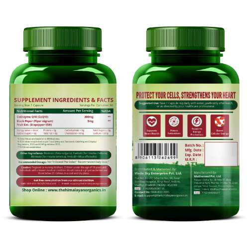 Vlado's Himalayan Organics: CoQ10-200mg With BioPepper - 5mg , COENZYME Q-10 Supplement | High Absorption I Antioxidant Support Healthy Heart Boost Energy And Metabolism High Strength For Men And Women - 60 Caps