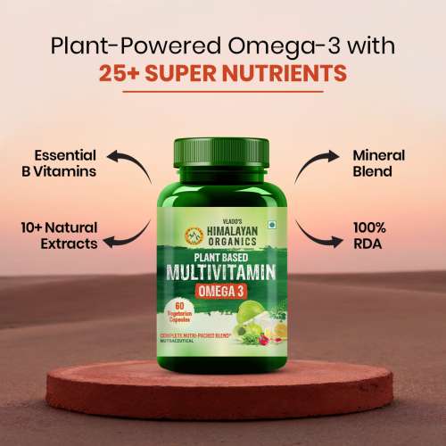 Vlado's Himalayan Organics: Vegan Omega-3 Capsules with Multivitamin, EPA, DHA, B1,B2,B3,B5,B7,B9,B9,B12,C,D3,K2, 25+ Ingredients for Energy, Immunity, Heart, Bone & Joints Support - 60 veg capsules