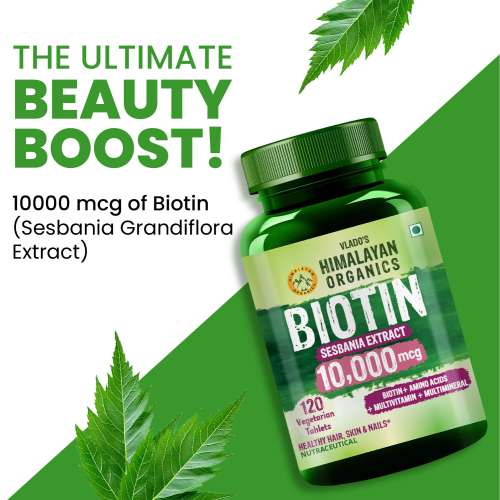 Vlado's Himalayan Organics: Biotin 10,000 mcg Supplement with Keratin, Amino Acids & Multivitamin - 120 Veg Tablets