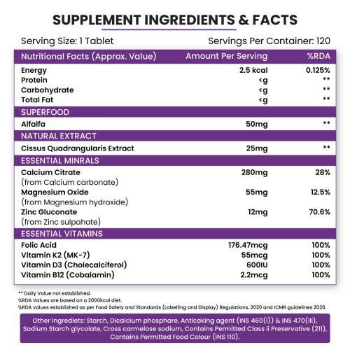 Vlado's Himalayan Organics: Alfalfa, Calcium Citrate Malate 1200mg with Vitamin D, K2 (MK7), B12, Zinc & Magnesium - 120 Veg Tablets