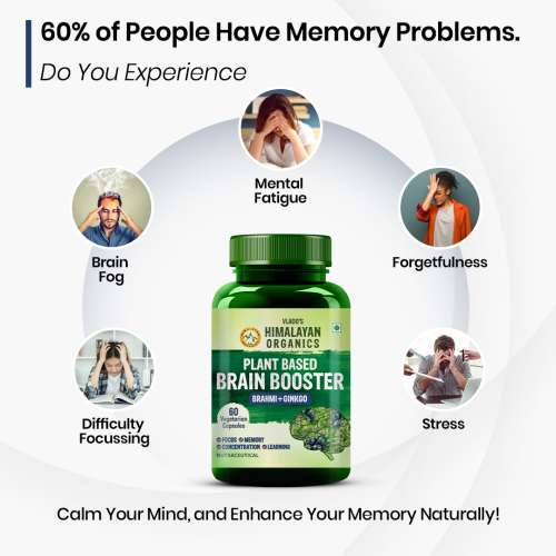 Vlado's Himalayan Organics: Plant Based Brain Booster Supplement with Ginkgo Biloba & Brahmi | Boost concentration & Memory | 60 Veg Capsules
