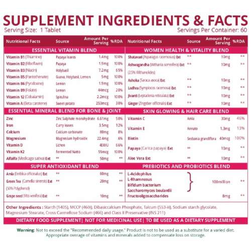 Vlado's Himalayan Organics: Vlados Himalayan Organics Multivitamin With Probiotics Supplement For Women With 60+ Essential Ingredients | Multiminerals For Immunity and Energy, Hair, Skin & Bone Support - 60 Veg Tablets