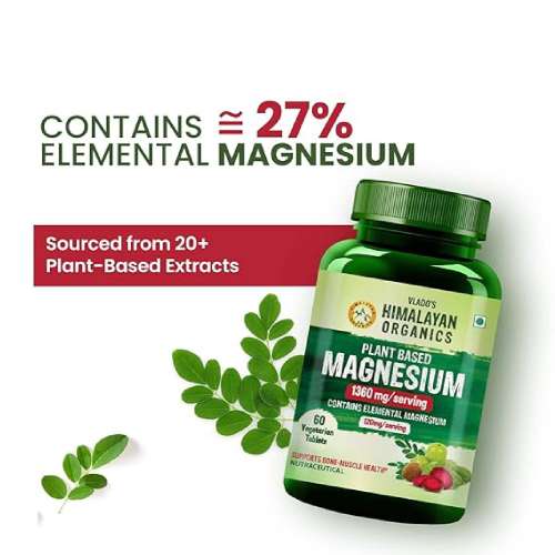 Vlado's Himalayan Organics: Plant Based Magnesium Supplement 1360mg With Turmeric Spirulina, Wheatgrass, Moringa | Supports Bone Muscle & Bone Health | Boost Energy Level - 60 Veg Tablets