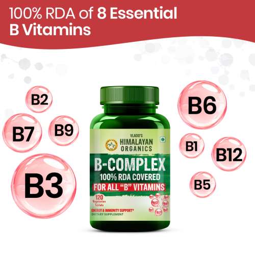 Vlado's Himalayan Organics: Vitamin B Complex with 100% RDA B1, B2, B3, B5, B6, B7, B9 & B12 | Hair Growth, Energy & Immunity | Youthful Skin - 120 Veg Tablets