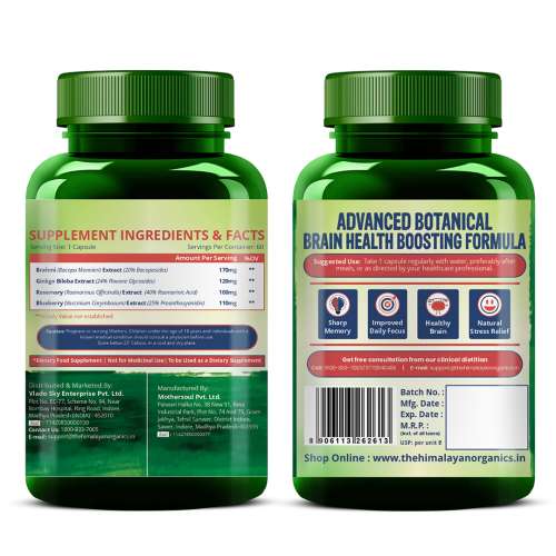 Vlado's Himalayan Organics: Plant Based Brain Booster Supplement with Ginkgo Biloba & Brahmi | Boost concentration & Memory | 60 Veg Capsules