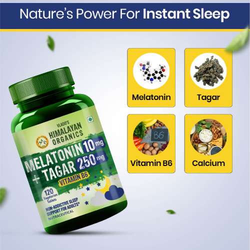 Vlado's Himalayan Organics: Melatonin 10mg + Tagar 250mg | Potent Sleep Aid Formula | 120 Veg Tablets