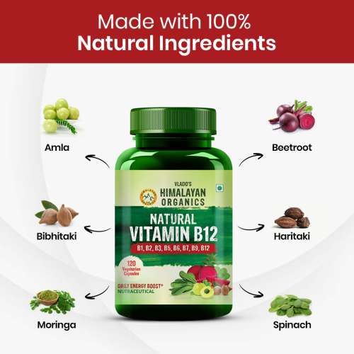 Vlado's Himalayan Organics: Vlado's Himalayan Organics Natural Vitamin B12 Supplement | B1,B2,B3,B5,B6,B7,B9,Moringa| Boost Energy Level | Good For Digestion And Nerve Health | Glowing Skin For Men & Women - 120 Vegetarian Capsules