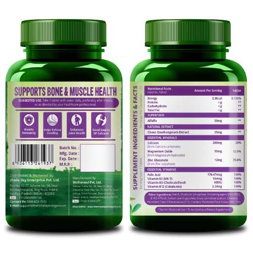 Vlado's Himalayan Organics: Alfalfa, Calcium Citrate Malate 1200mg with Vitamin D, K2 (MK7), B12, Zinc & Magnesium - 120 Veg Tablets