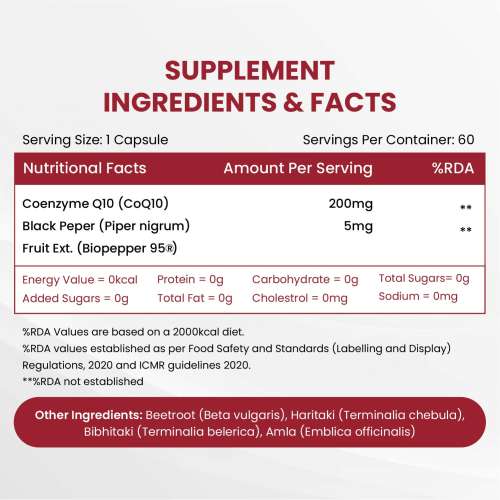 Vlado's Himalayan Organics: CoQ10-200mg With BioPepper - 5mg , COENZYME Q-10 Supplement | High Absorption I Antioxidant Support Healthy Heart Boost Energy And Metabolism High Strength For Men And Women - 60 Caps