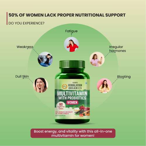 Vlado's Himalayan Organics: Vlados Himalayan Organics Multivitamin With Probiotics Supplement For Women With 60+ Essential Ingredients | Multiminerals For Immunity and Energy, Hair, Skin & Bone Support - 60 Veg Tablets