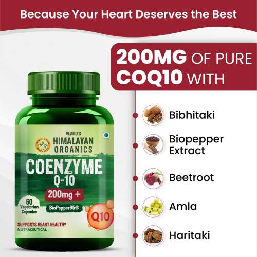 Vlado's Himalayan Organics: CoQ10-200mg With BioPepper - 5mg , COENZYME Q-10 Supplement | High Absorption I Antioxidant Support Healthy Heart Boost Energy And Metabolism High Strength For Men And Women - 60 Caps