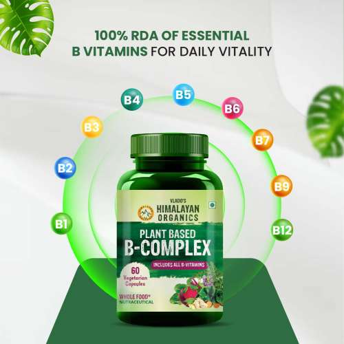 Vlado's Himalayan Organics: Plant Based B-Complex Vitamins B12, B1, B2, B3, B5, B6, B9 and Biotin for Metabolism, Hair and Energy- 60 Veg Capsules