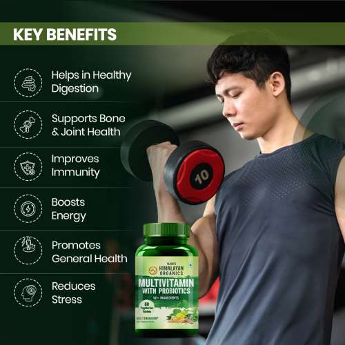 Vlado's Himalayan Organics: Vlados Himalayan Organics Multivitamin With Probiotics - 60 Ingredients Supplement For Men And Women | Vitamin C, D, E, B3, B5, B12, Zinc, Magnesium, Giloy & Biotin | Good For Bone & Joint Support | Gut health - 60 Veg Tablets
