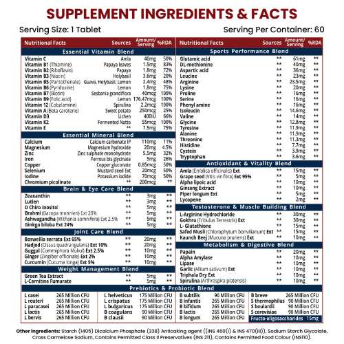 Vlado's Himalayan Organics: Multivitamin Sports with 60 + Vital Nutrients & Performance Blends with Probiotics 60 Tablets