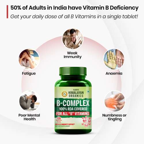 Vlado's Himalayan Organics: Vitamin B Complex with 100% RDA B1, B2, B3, B5, B6, B7, B9 & B12 | Hair Growth, Energy & Immunity | Youthful Skin - 120 Veg Tablets