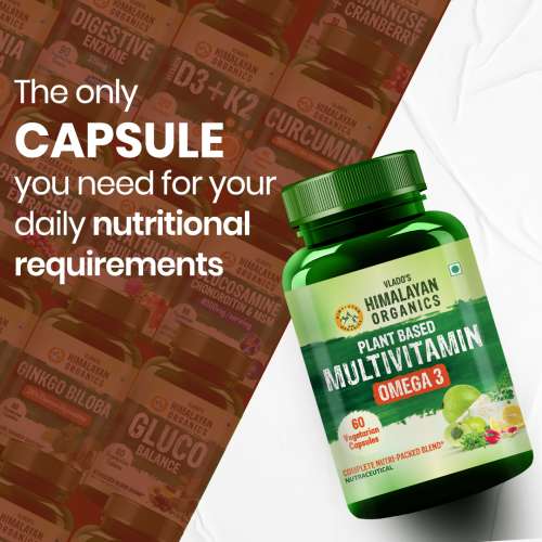 Vlado's Himalayan Organics: Vegan Omega-3 Capsules with Multivitamin, EPA, DHA, B1,B2,B3,B5,B7,B9,B9,B12,C,D3,K2, 25+ Ingredients for Energy, Immunity, Heart, Bone & Joints Support - 60 veg capsules