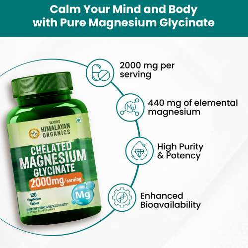 Vlado's Himalayan Organics: Vlado's Himalayan Organics Chelated Magnesium Glycinate Supplement 2000mg Per Serving | Magnesium Supplement I High Absorption I Clinically Proven I Support in Muscle, Cramps, Recovery, & Nerve Relaxation, Better Sleep Quality - 120 Veg Tablets