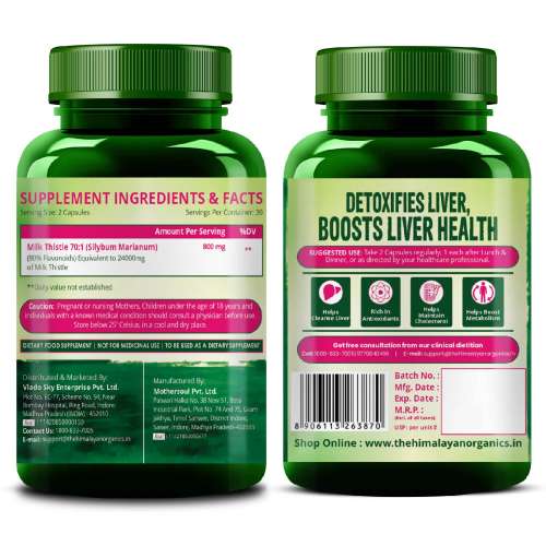 Vlado's Himalayan Organics: Milk Thistle Extract Detox Supplement For Men And Women With 800Mg Of Silybum Marianum For Healthy Liver | Helps in Cleanse Liver - 60 Vegetarian Capsules