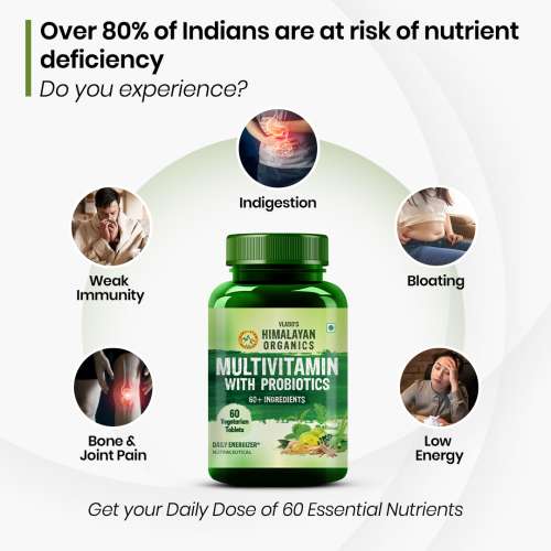 Vlado's Himalayan Organics: Vlados Himalayan Organics Multivitamin With Probiotics - 60 Ingredients Supplement For Men And Women | Vitamin C, D, E, B3, B5, B12, Zinc, Magnesium, Giloy & Biotin | Good For Bone & Joint Support | Gut health - 60 Veg Tablets