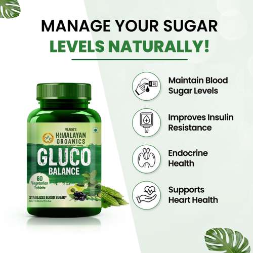 Vlado's Himalayan Organics: Plant Based Gluco Balance Insulin Resistance, Diabetes Control | Jamun, Bittermelon, Amla, Gudmar, Chirayta Extracts | 60 Veg Tablets
