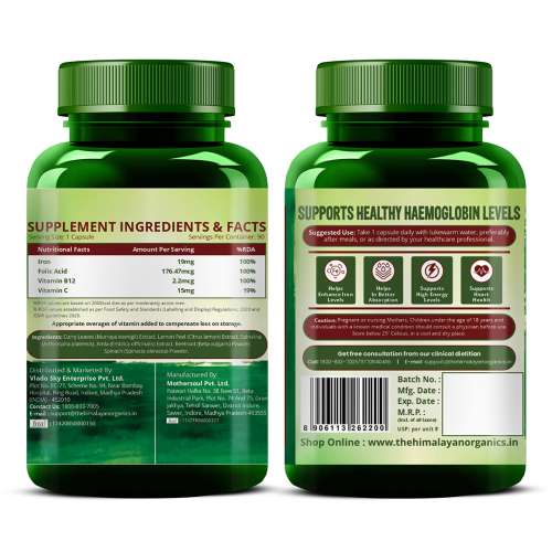 Vlado's Himalayan Organics: Plant Based Iron Supplement with Folate | Blood Builder | Whole Food | 90 Veg Capsules