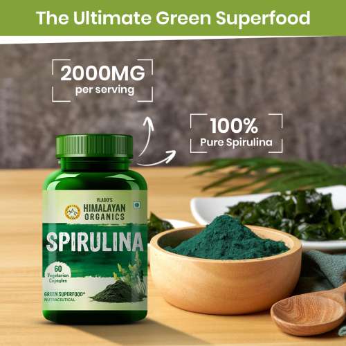Vlado's Himalayan Organics: Spirulina 2000mg Supplement | Green Food For Good Health Weight Management And Immunity Booster | Helps In Healthy Heart - 60 Vegetarian Capsules