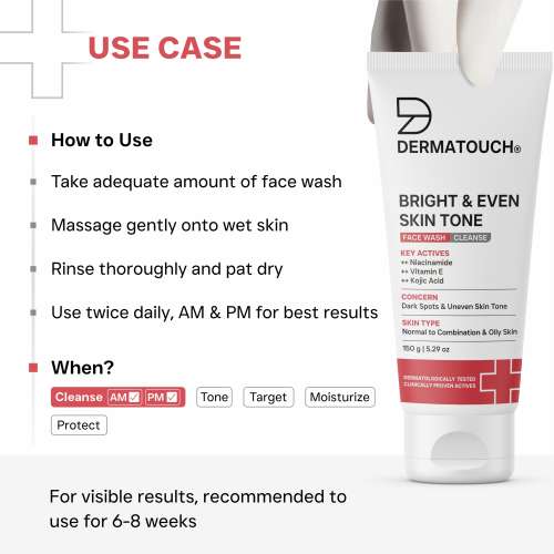 Dermatouch: Dermatouch Bright & Even Tone Face Wash With Niacinamide, Vitamin E And Kojic Acid | Daily Gentle Face Wash For Tan, Pigmentation, Uneven Tone | 150gm  Pack Of 2