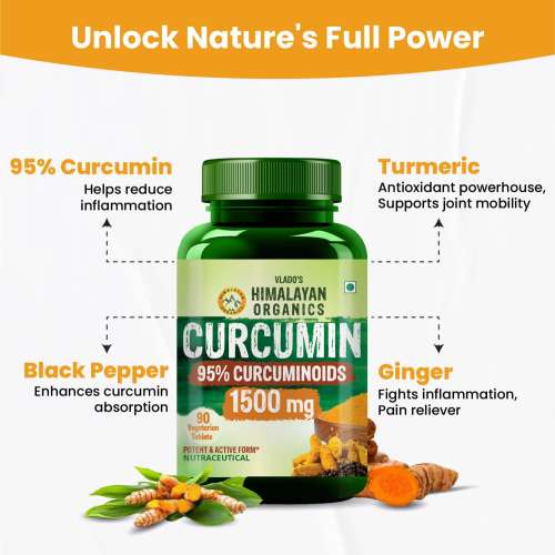Vlado's Himalayan Organics: Vlado's Himalayan Organics Curcumin With Biopiperine 1500mg Tablets With 95% Curcuminoids Supplements For Better Absorption | Good For Skin & Joint pains - 90 Veg Tablets