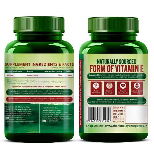 Vlado's Himalayan Organics: Plant Based Vitamin E Capsules (Non-GMO Sunflower Oil, Aloevera Oil, Argan Oil) - 60 Capsules