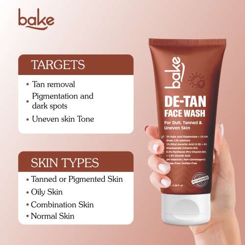 Bake Cosmetics: De-Tan Face Wash with Kojic Acid & Glycolic Acid for Tanned, Uneven Skin Tone, Glow & Spot Reduction 100ml