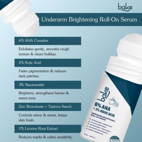 Bake Cosmetics: 6% AHA Underarm Brightening Roll On Serum with 2% Kojic Acid and 3% Niacinamide for Dark Underarms, Pigmentation & Odour Control - 50ml
