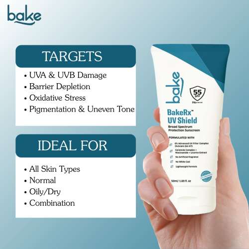 Bake Cosmetics: UV Shield Sunscreen SPF 55 PA++++ with 6% Advanced UV Filter & Ceramide for UVA, UVB & Blue Light Protection  50gm