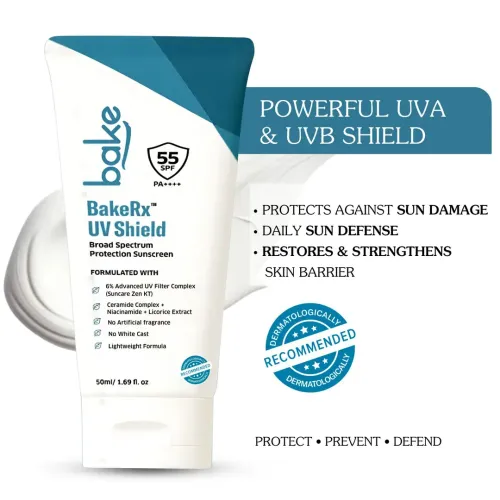 Bake Cosmetics: UV Shield Sunscreen SPF 55 PA++++ with 6% Advanced UV Filter & Ceramide for UVA, UVB & Blue Light Protection  50gm