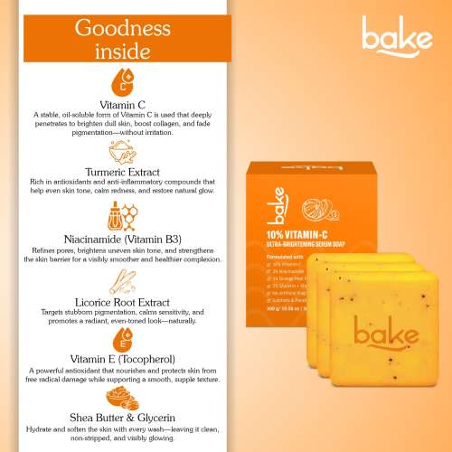 Bake Cosmetics: BAKE 10% Vitamin C Ultra-Brightening Serum Soap for Pigmentation, Dark Spots & Tan Exfoliates Dead Skin Cells Pack of 3(100g x 3)
