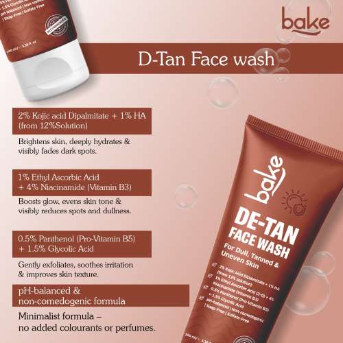 Bake Cosmetics: De-Tan Face Wash with Kojic Acid & Glycolic Acid for Tanned, Uneven Skin Tone, Glow & Spot Reduction 100ml