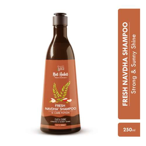 Nat Habit: Curry Cider Navdha Shampoo for Breakage Control & Shiny Hair| Apple Cider Vinegar & Fermented Soy| Amla Reetha Shikakai Herbal Shampoo for Women & Men, 250ml