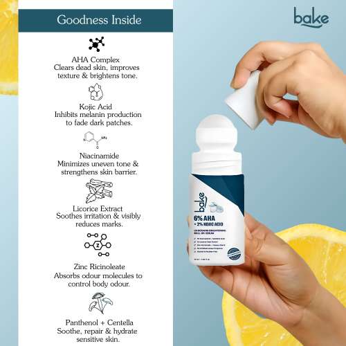 Bake Cosmetics: 6% AHA Underarm Brightening Roll On Serum with 2% Kojic Acid and 3% Niacinamide for Dark Underarms, Pigmentation & Odour Control - 50ml