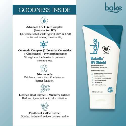 Bake Cosmetics: UV Shield Sunscreen SPF 55 PA++++ with 6% Advanced UV Filter & Ceramide for UVA, UVB & Blue Light Protection  50gm