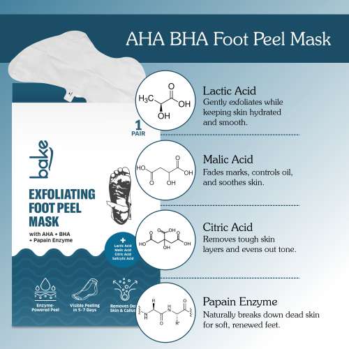 Bake Cosmetics: BAKE AHA + BHA Peeling & Exfoliating Foot Mask for Baby Soft Feet, Reduces Dry Skin & Calluses, Hydrates Skin - 1 Pair